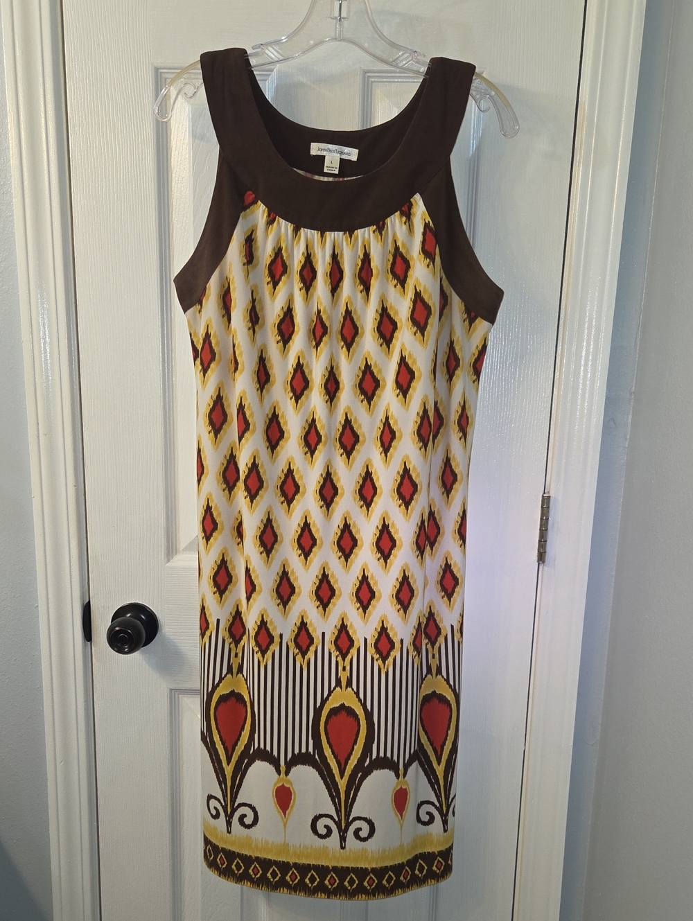 JohnPaul Richard Brown Trim Midi Dress with Yellow & Red Geometric Print